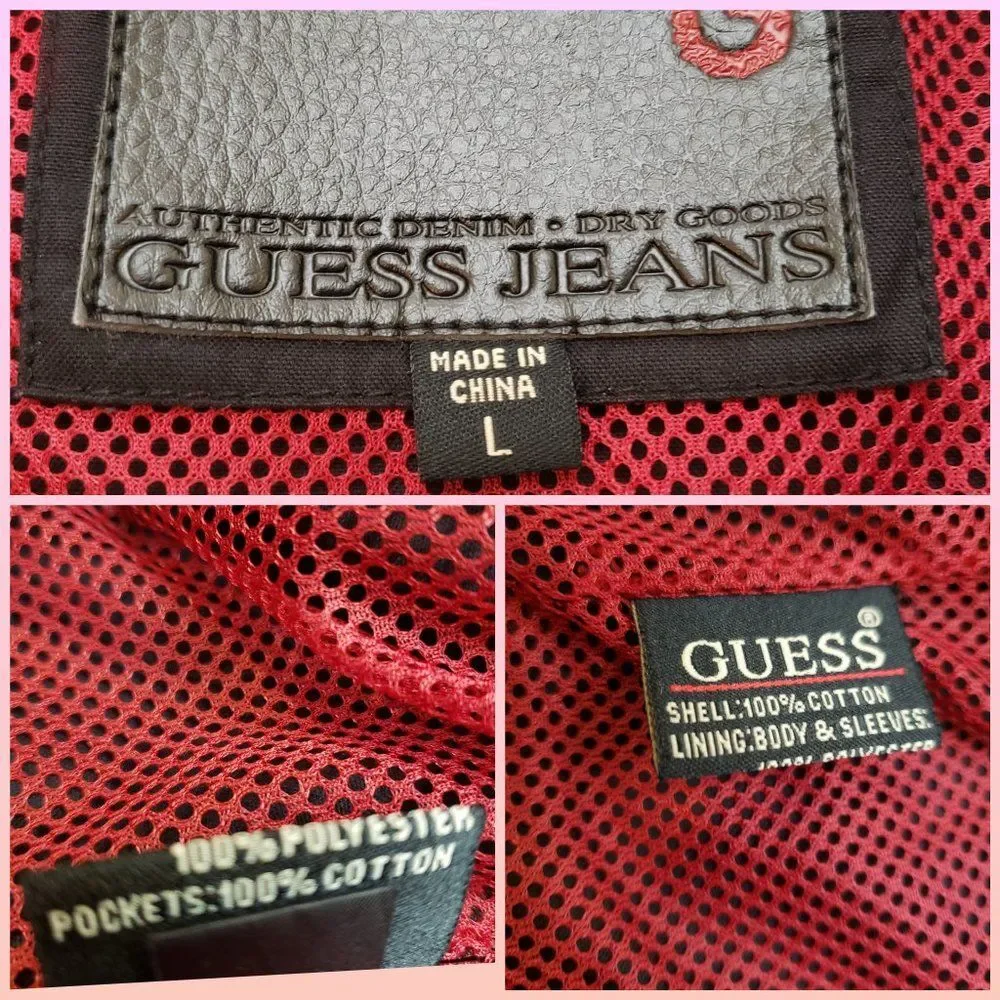 Guess Jeans Men’s Black Cotton Moto Jacket Large Red Mesh Lined